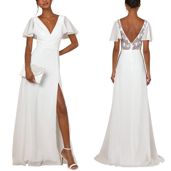 Lulus Beautiful Perfection White Flutter Sleeve Embroidered Maxi Dress XS NWT - Picture 1 of 7